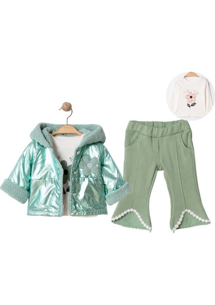 Lame Montlu Kapüşonu Detaylı Iki Iplik Üçlü Alt Üst Takım - SDL6057-YEŞIL-12 Ay Yeşil