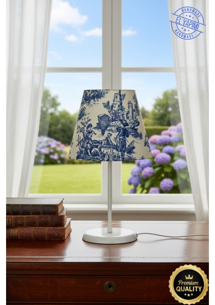 Vintage Toile De Jouy Desenli Beyaz Ayaklı Abajur Masa Lambası El Yapımı Kumaş Yüksek Kalite