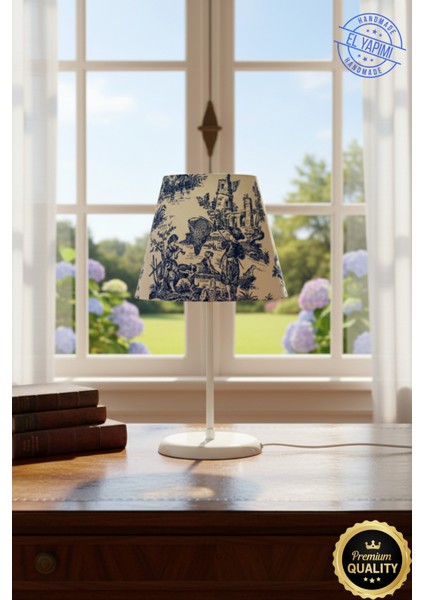 Vintage Toile De Jouy Desenli Beyaz Ayaklı Abajur Masa Lambası El Yapımı Kumaş Yüksek Kalite
