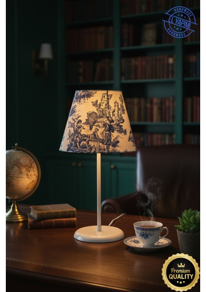Vintage Toile De Jouy Desenli Beyaz Ayaklı Abajur Masa Lambası El Yapımı Kumaş Yüksek Kalite