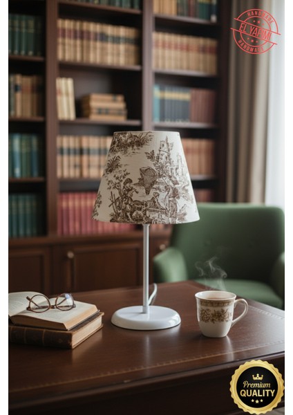 Vintage Toile De Jouy Desenli Beyaz Ayaklı Abajur Masa Lambası El Yapımı Kumaş Yüksek Kalite