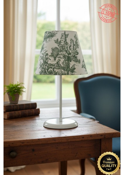 Vintage Toile De Jouy Desenli Beyaz Ayaklı Abajur Masa Lambası El Yapımı Kumaş Yüksek Kalite