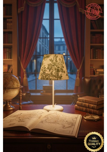 Vintage Toile De Jouy Desenli Beyaz Ayaklı Abajur Masa Lambası El Yapımı Kumaş Yüksek Kalite