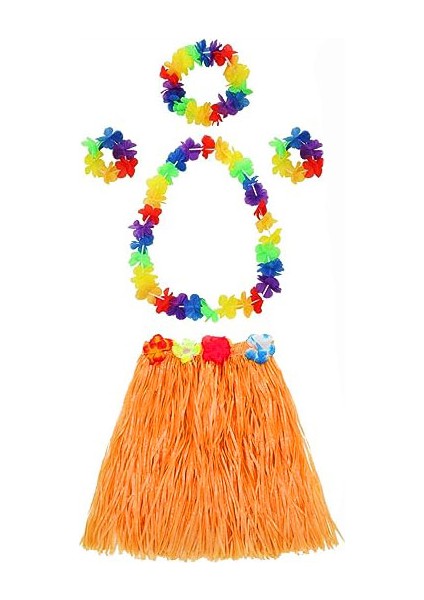 Wizard Yetişkin ve Çocuk Uyumlu Luau Aloha Hawaii Turuncu Etek ve Renkli Kolye Taç 2 Adet Bileklik Seti