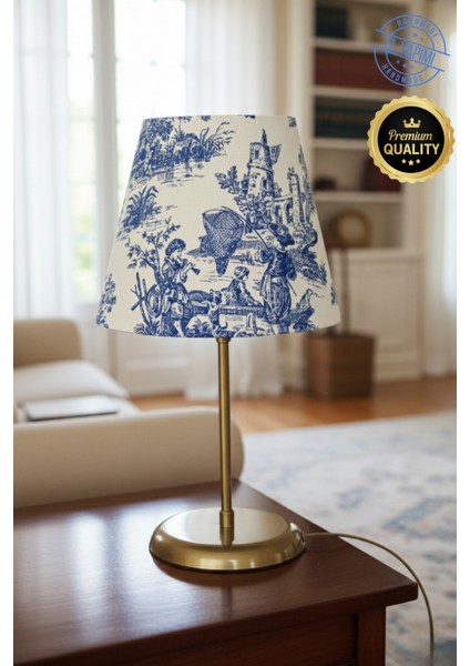 Vintage Toile De Jouy Desenli Altın Renk Ayaklı Abajur Masa Lambası El Yapımı Kumaş Yüksek Kalite