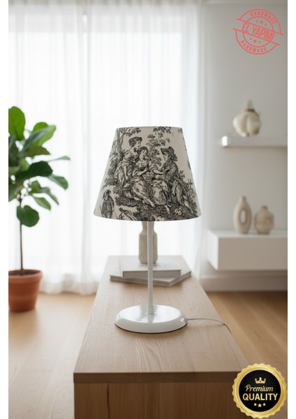 Vintage Toile De Jouy Desenli Beyaz Ayaklı Abajur Masa Lambası El Yapımı Kumaş Yüksek Kalite