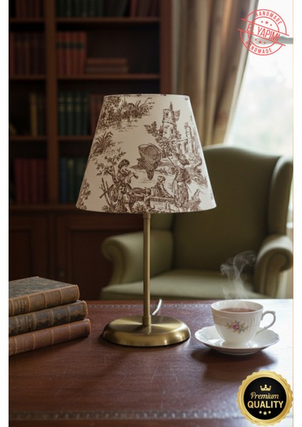 Vintage Toile De Jouy Desenli Altın Renk Ayaklı Abajur Masa Lambası El Yapımı Kumaş Yüksek Kalite indirimleri