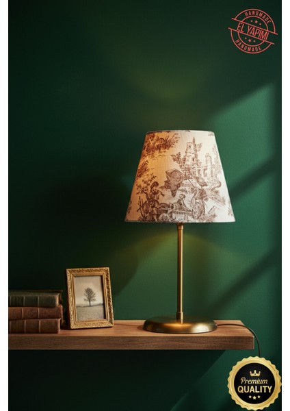 Vintage Toile De Jouy Desenli Altın Renk Ayaklı Abajur Masa Lambası El Yapımı Kumaş Yüksek Kalite
