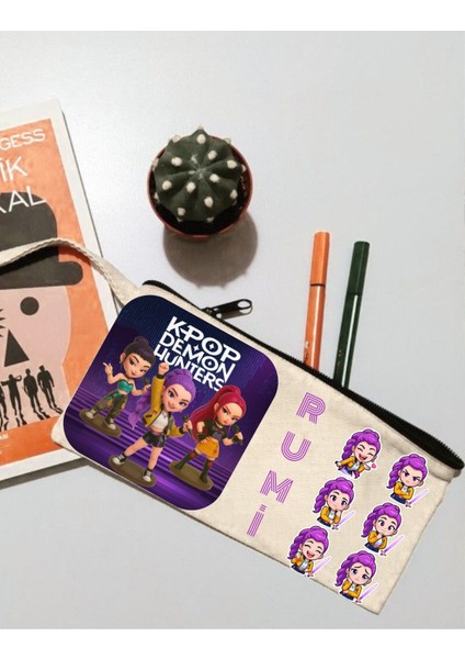 Lewiba Kpop Demon Hunters Hunterix Rumi Tasarımlı Premium Baskı Kaliteli Fermuarlı Bej Renk Dikdörtgen Kalemlik