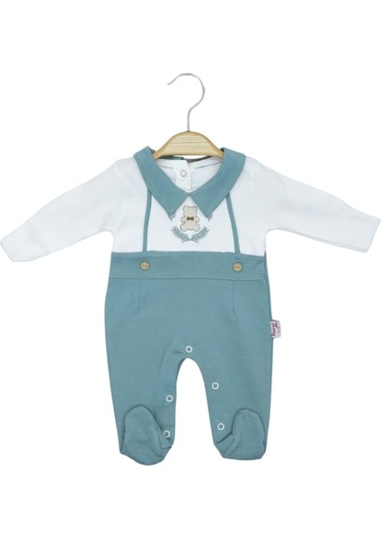 Düğme Detaylı Ayıcık Nakışlı Patikli Iki Iplik Tulum - MRT9740-MINT Yeşili-0 - 3 Ay Mint Yeşili