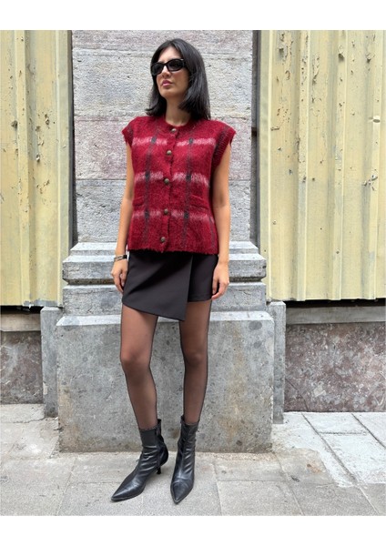 Kadın Bordo Ekose Oversize Triko Yelek indirimleri