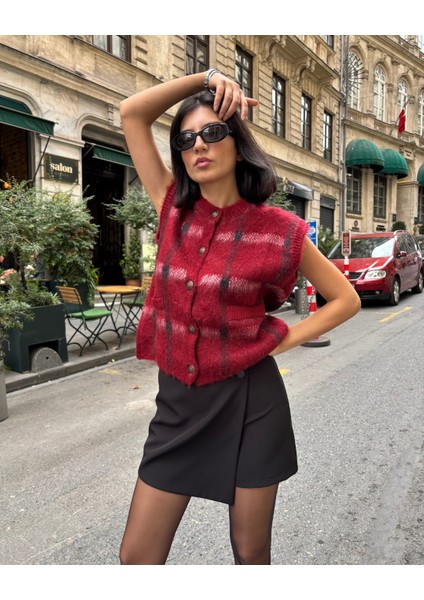 Kadın Bordo Ekose Oversize Triko Yelek