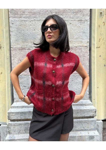 Kadın Bordo Ekose Oversize Triko Yelek