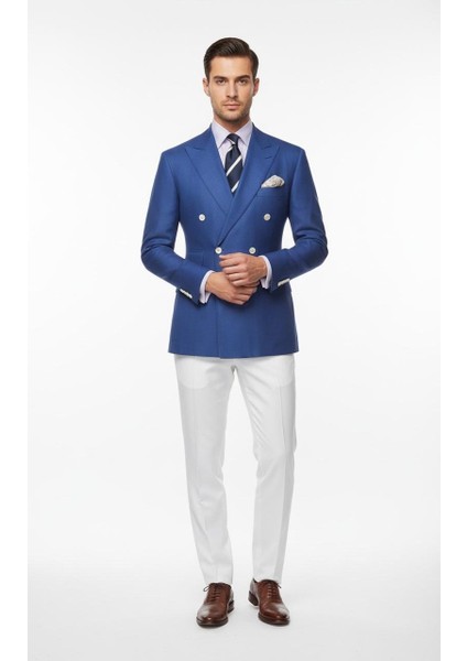 Italyan Kesim, Mavi ceket, beyaz pantolon kombinli Slim Fit Kruvaze Erkek Takım Elbise