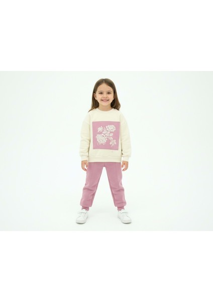 Parçalı Çiçek Baskılı Üç Iplik Şardonlu Alt Üst Takım - BRK2313-GÜL Kurusu-4 Yaş Gül Kurusu