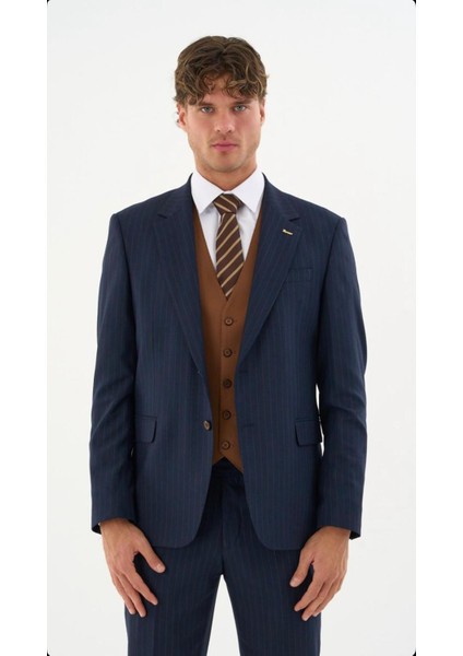 Özel Tasarım Blazer Slım Fit Lacivert, kiremit renk yelekli, Erkek Çizgili Takım Elbise