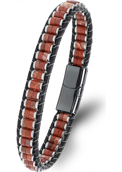 Kırmızı Jasper & Hematit Çelik Örgülü Deri Bileklik 33512B22D6