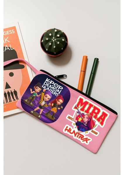 Lewiba Kpop Demon Hunters Hunterix Mira Tasarımlı Premium Baskı Kaliteli Fermuarlı Bej Renk Dikdörtgen Kalemlik