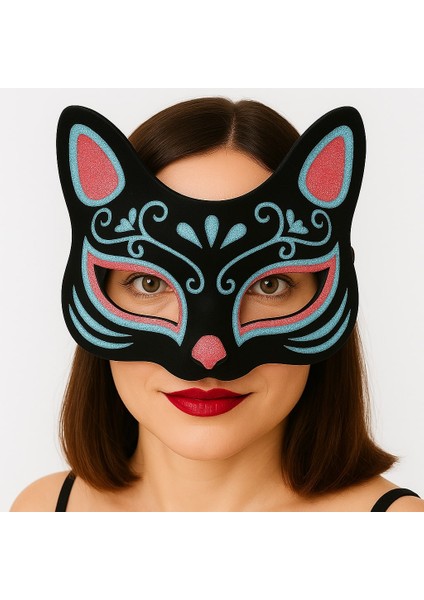 Wizard Siyah Renk Süet Kaplama Üzeri Mavi Kırmızı Simli Kedi Maskesi 17X14 cm