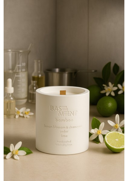 : Bamboo : Dekoratif % 100 Soya Beton Mum (Limon Çiçeği, Şampanya Esansı, Sedir, Lime)