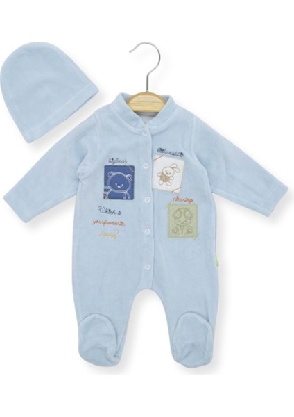 Kare Nakışlı Kadife Şapkalı Patikli Tulum - Mavi - 3 - 6 Ay - HYT1259-MAVI-3 - 6 Ay Mavi