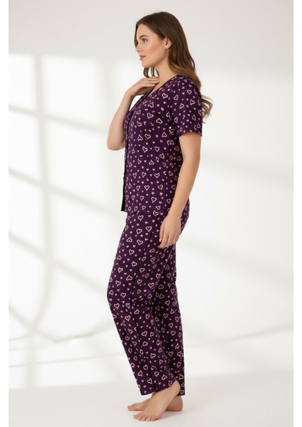 Kadın Mor Kalp Desenli Fiyonklu Kısa Kollu Uzun Pijama Takımı modelleri