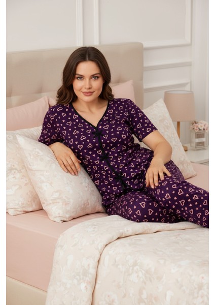 Kadın Mor Kalp Desenli Fiyonklu Kısa Kollu Uzun Pijama Takımı fırsatları