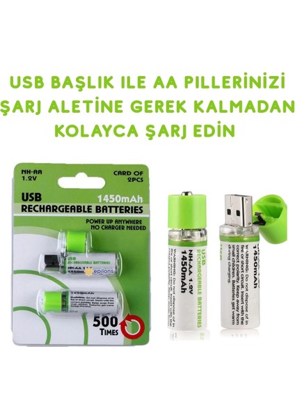 USB Şarjlı 1450MAH Aa 1.2V Lityum Kalem Pil 2’li Set Dönüşümlü Batarya ( Lisinya )