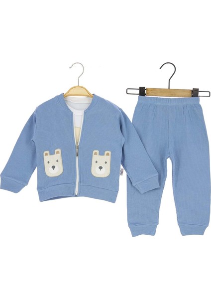 Waffle Kumaş Ayı Nakışlı Hırkalı Üçlü Alt Üst Takım - Indigo - 9 Ay - SLL7011-İNDIGO-9 Ay Indigo