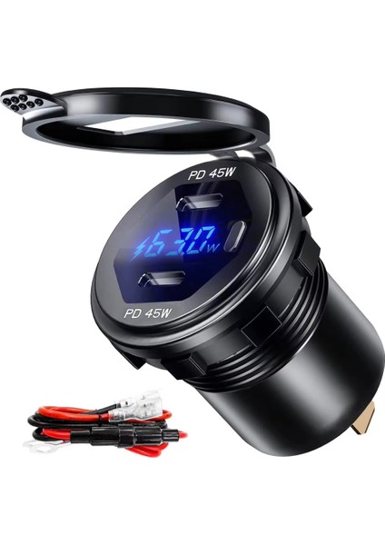 Mellifera 12V/24V USB C Araç Şarj Soketi 45W Pd Tipi C & 18W Qc 3.0 Araba Tekne Deniz Rv Motosiklet Için Voltmetre ile Çift USB Portu