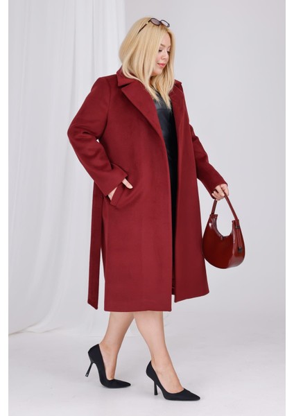 Kadın Bordo Yün Kaşe Kemer ve Astar Detay Büyük Beden Kaban