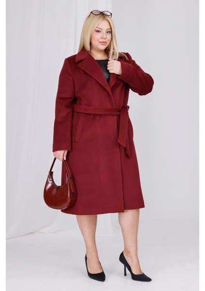 Kadın Bordo Yün Kaşe Kemer ve Astar Detay Büyük Beden Kaban fiyatları