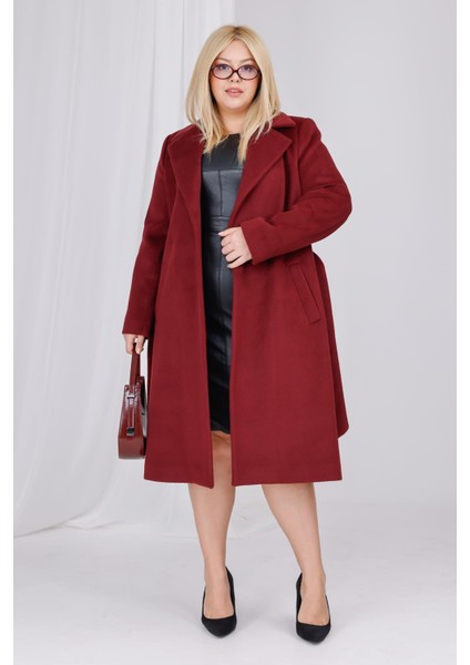 Kadın Bordo Yün Kaşe Kemer ve Astar Detay Büyük Beden Kaban fırsatları