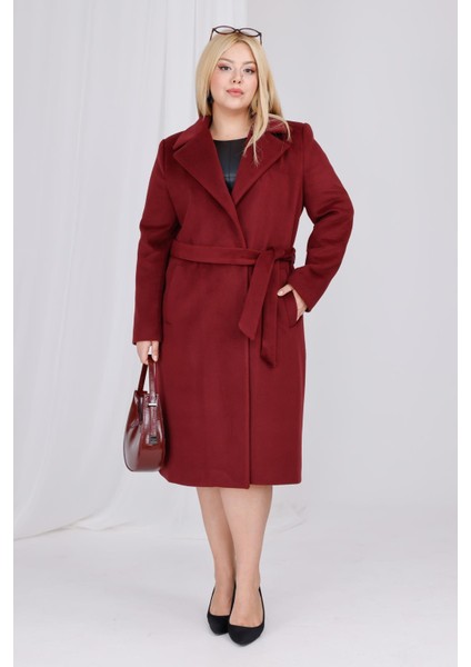 Kadın Bordo Yün Kaşe Kemer ve Astar Detay Büyük Beden Kaban indirimleri