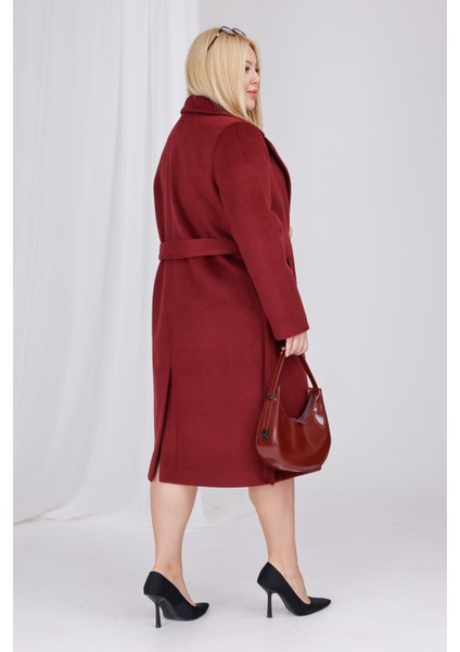 Kadın Bordo Yün Kaşe Kemer ve Astar Detay Büyük Beden Kaban