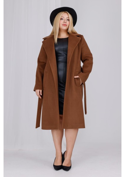 Kadın Kahve Yün Kaşe Kemer ve Astar Detay Büyük Beden Kaban