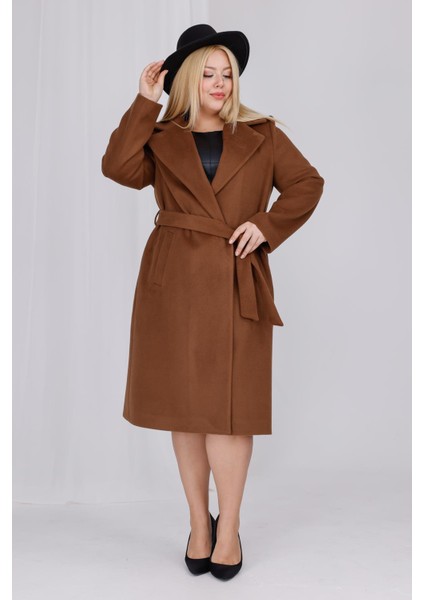 Kadın Kahve Yün Kaşe Kemer ve Astar Detay Büyük Beden Kaban modelleri