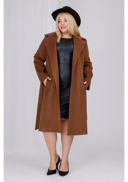 Kadın Kahve Yün Kaşe Kemer ve Astar Detay Büyük Beden Kaban fırsatları