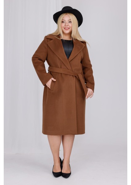 Kadın Kahve Yün Kaşe Kemer ve Astar Detay Büyük Beden Kaban indirimleri