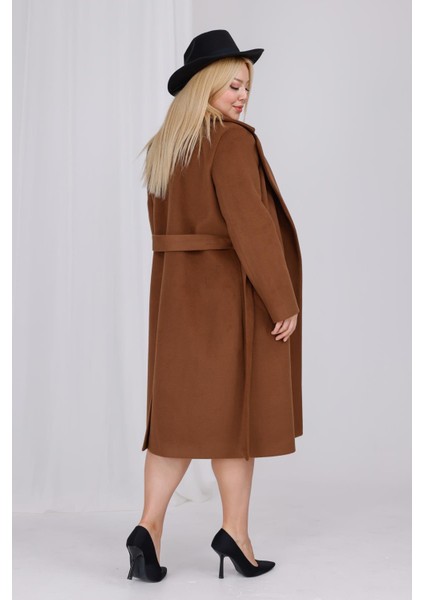 Kadın Kahve Yün Kaşe Kemer ve Astar Detay Büyük Beden Kaban