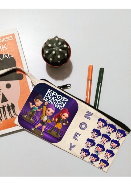 Lewiba Kpop Demon Hunters Hunterix Zoey Tasarımlı Premium Baskı Kaliteli Fermuarlı Bej Renk Dikdörtgen Kalemlik