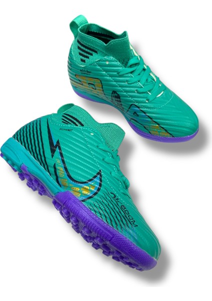 Çocuk Çoraplı Halısaha & Krampon Ayakkabı Turkuaz Desenli