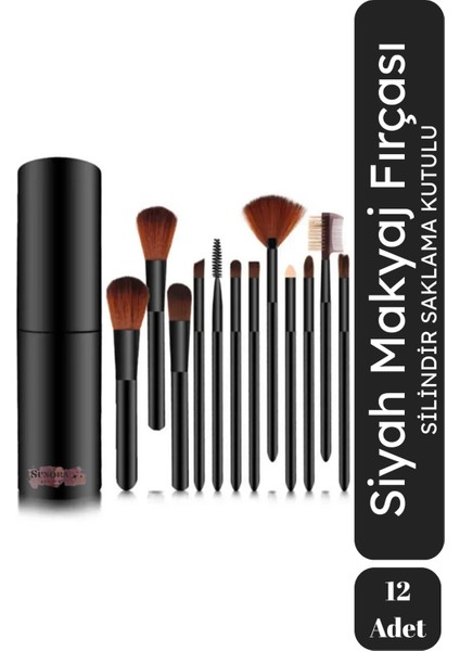 Siyah Makyaj Fırçası 12'li Set Silindir Saklama Kutulu Fırça