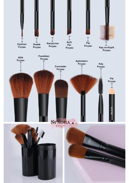 Siyah Makyaj Fırçası 12'li Set Silindir Saklama Kutulu Fırça fiyatları
