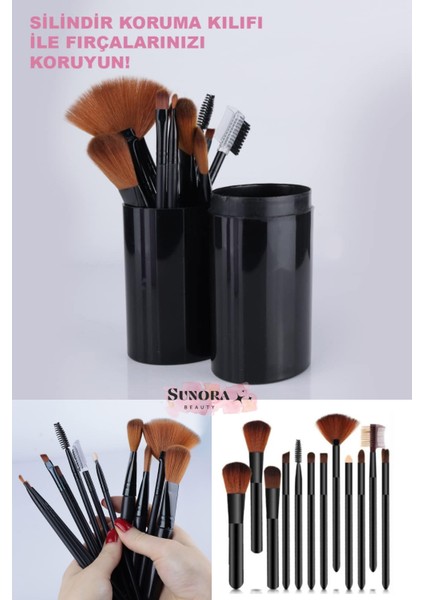 Siyah Makyaj Fırçası 12'li Set Silindir Saklama Kutulu Fırça modelleri