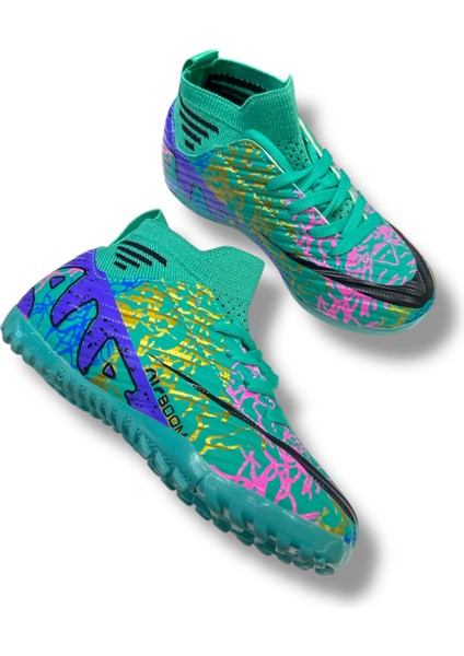 Çocuk Çoraplı Halısaha & Krampon Ayakkabı Turkuaz Mor Desenli