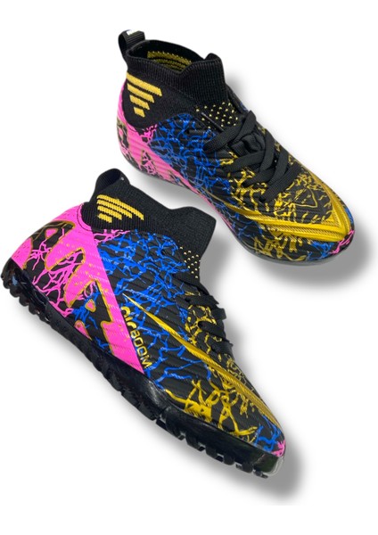 Çocuk Çoraplı Halısaha & Krampon Ayakkabı Siyah Gold Desenli