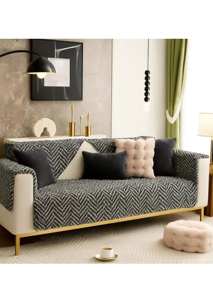 Zikzak Chevron Desenli Peluş Üç Kişilik Koltuk Için (1ADET) 80*190CM Ölçü (Siyah) Sadece Oturma Örtü