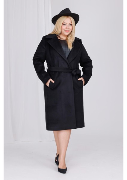 Kadın Siyah Yün Kaşe Kemer ve Astar Detay Büyük Beden Kaban fiyatları