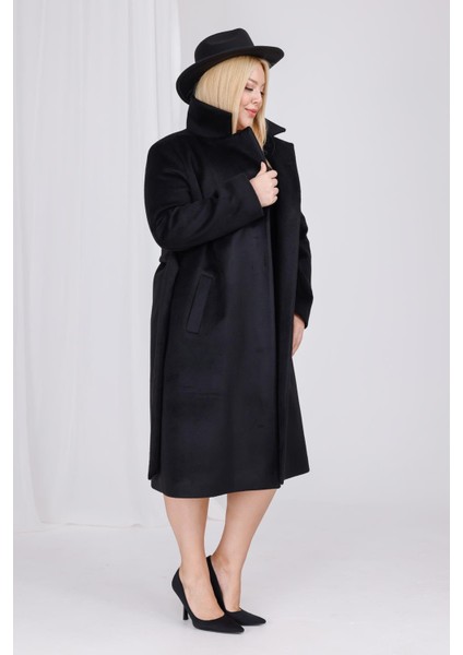 Kadın Siyah Yün Kaşe Kemer ve Astar Detay Büyük Beden Kaban fırsatları